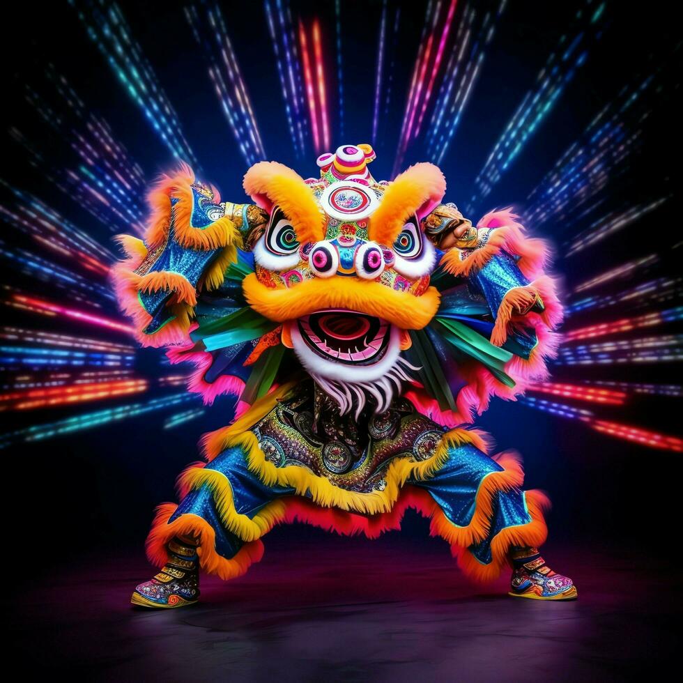 Dragon or lion dance show barongsai in celebration chinese lunar new year festival. Asian traditional concept by AI Generated photo