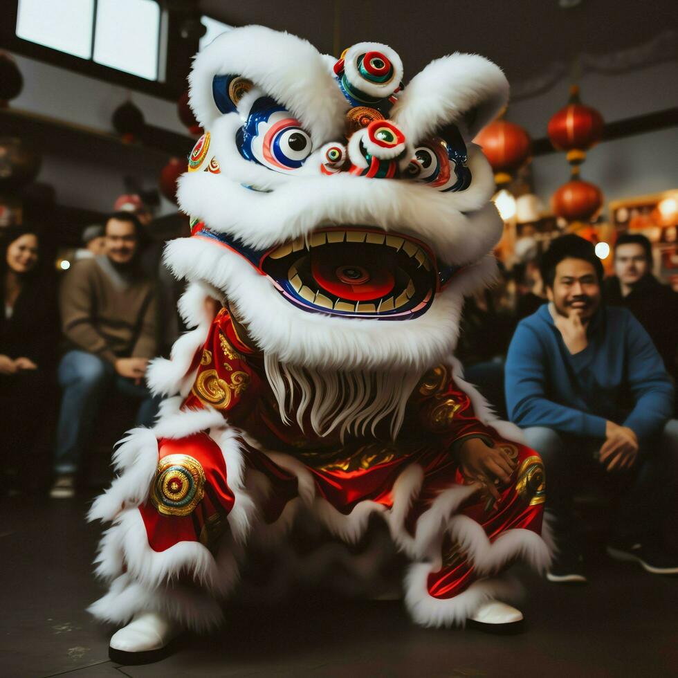 Dragon or lion dance show barongsai in celebration chinese lunar new year festival. Asian traditional concept by AI Generated photo