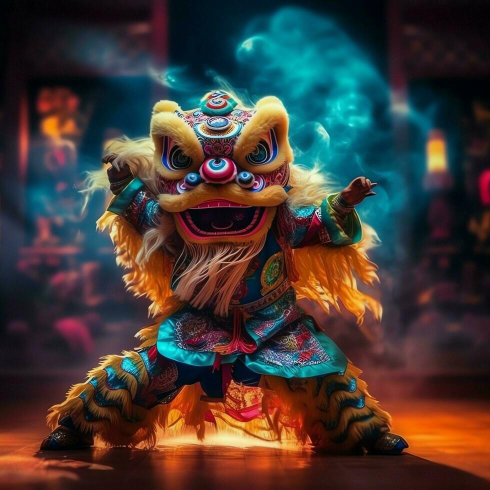 Dragon or lion dance show barongsai in celebration chinese lunar new year festival. Asian traditional concept by AI Generated photo