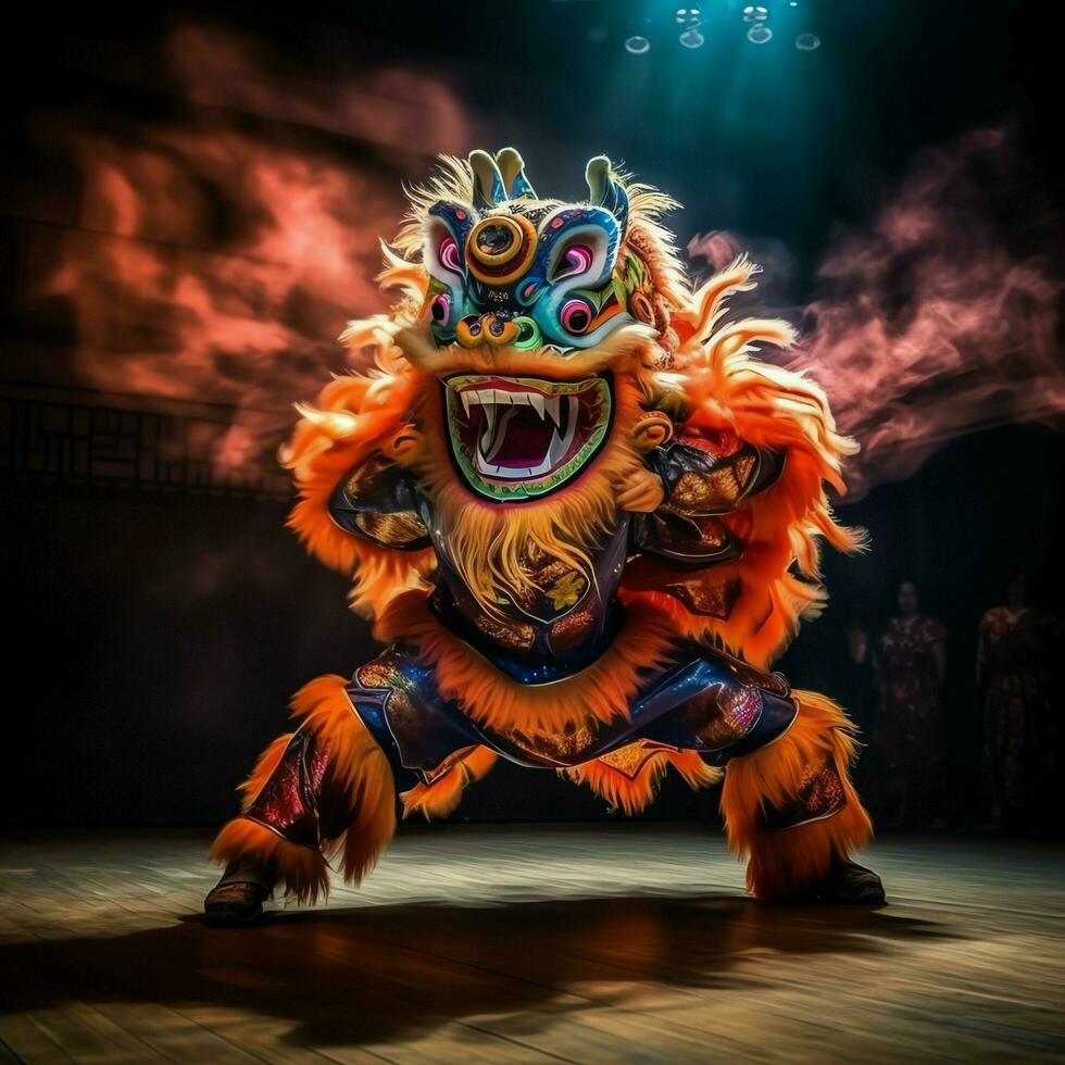 Dragon or lion dance show barongsai in celebration chinese lunar new year festival. Asian traditional concept by AI Generated photo