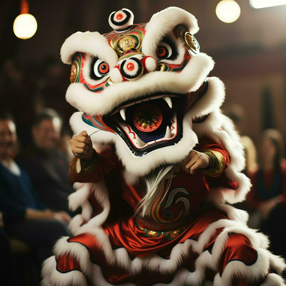 Dragon or lion dance show barongsai in celebration chinese lunar new year festival. Asian traditional concept by AI Generated photo