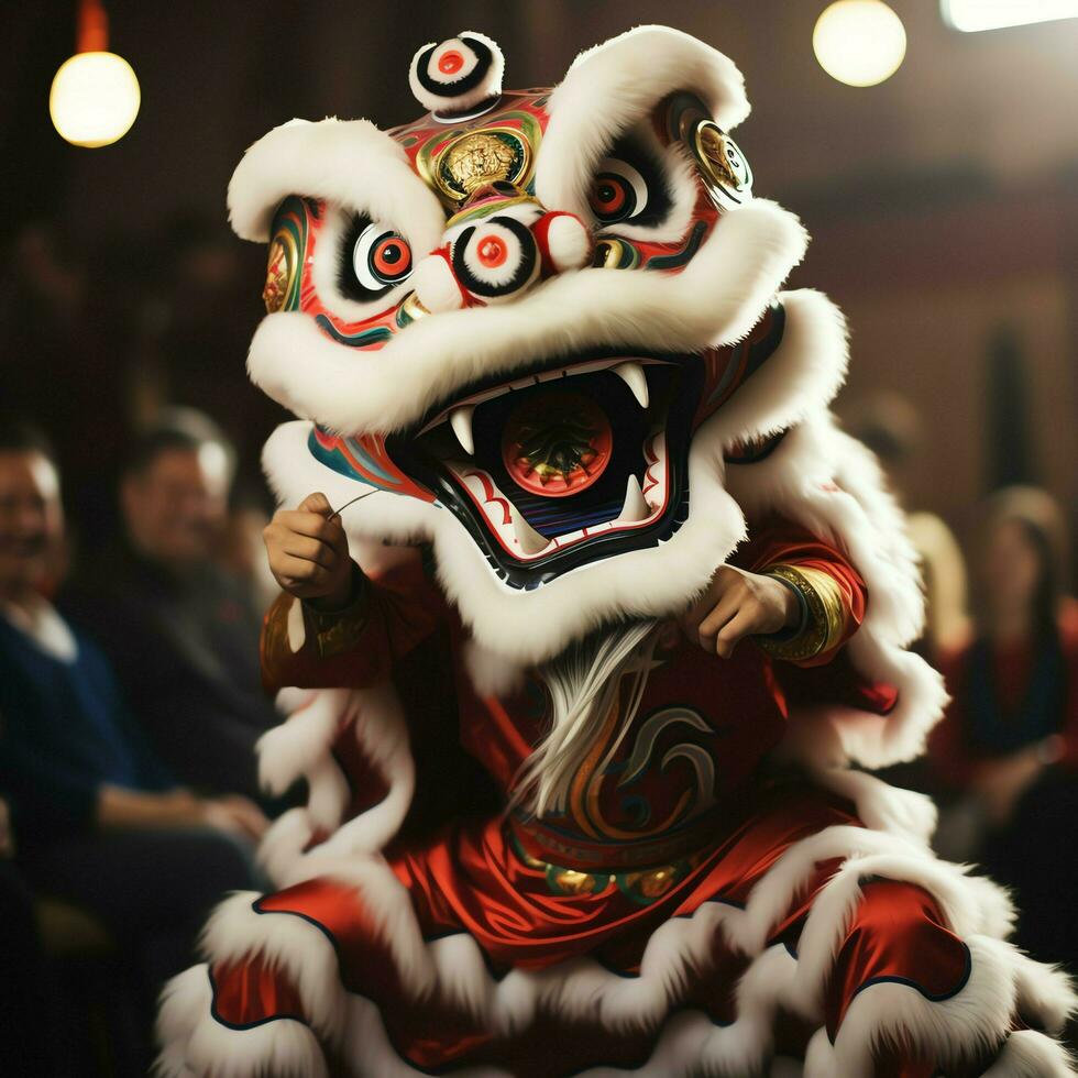 continuar o león danza espectáculo barongsai en celebracion chino lunar nuevo año festival. asiático tradicional concepto por ai generado foto