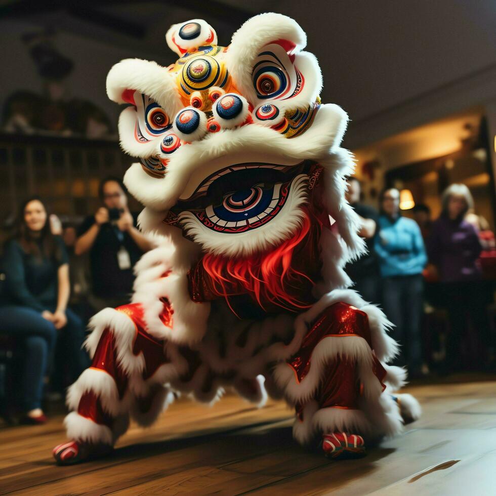 Dragon or lion dance show barongsai in celebration chinese lunar new year festival. Asian traditional concept by AI Generated photo