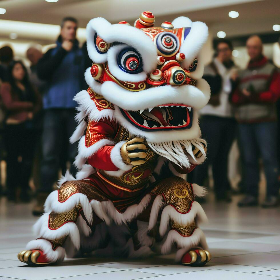 Dragon or lion dance show barongsai in celebration chinese lunar new year festival. Asian traditional concept by AI Generated photo