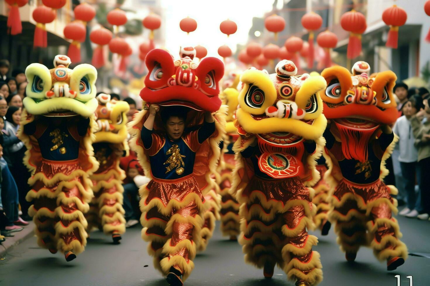Dragon or lion dance show barongsai in celebration chinese lunar new year festival. Asian traditional concept by AI Generated photo