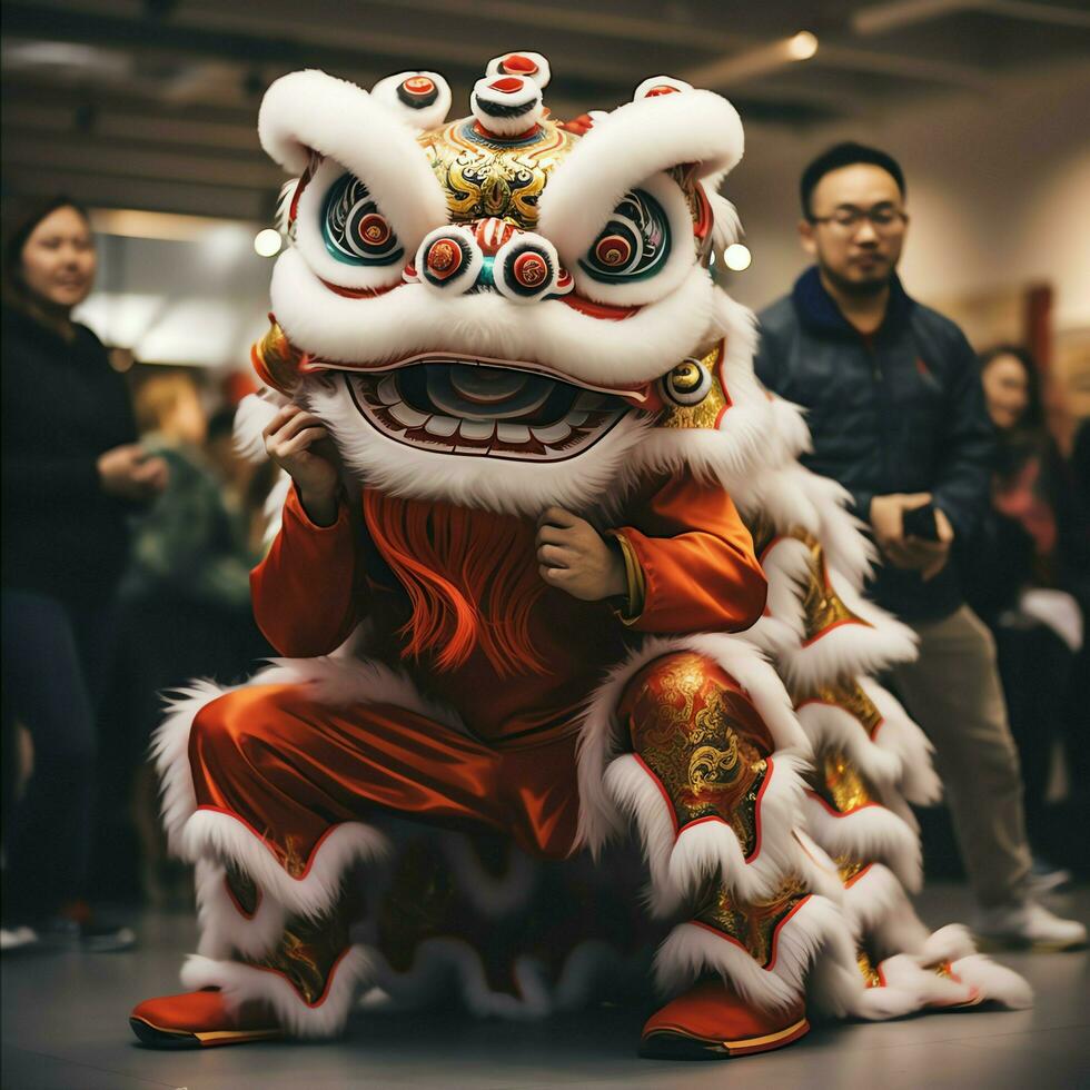 Dragon or lion dance show barongsai in celebration chinese lunar new year festival. Asian traditional concept by AI Generated photo