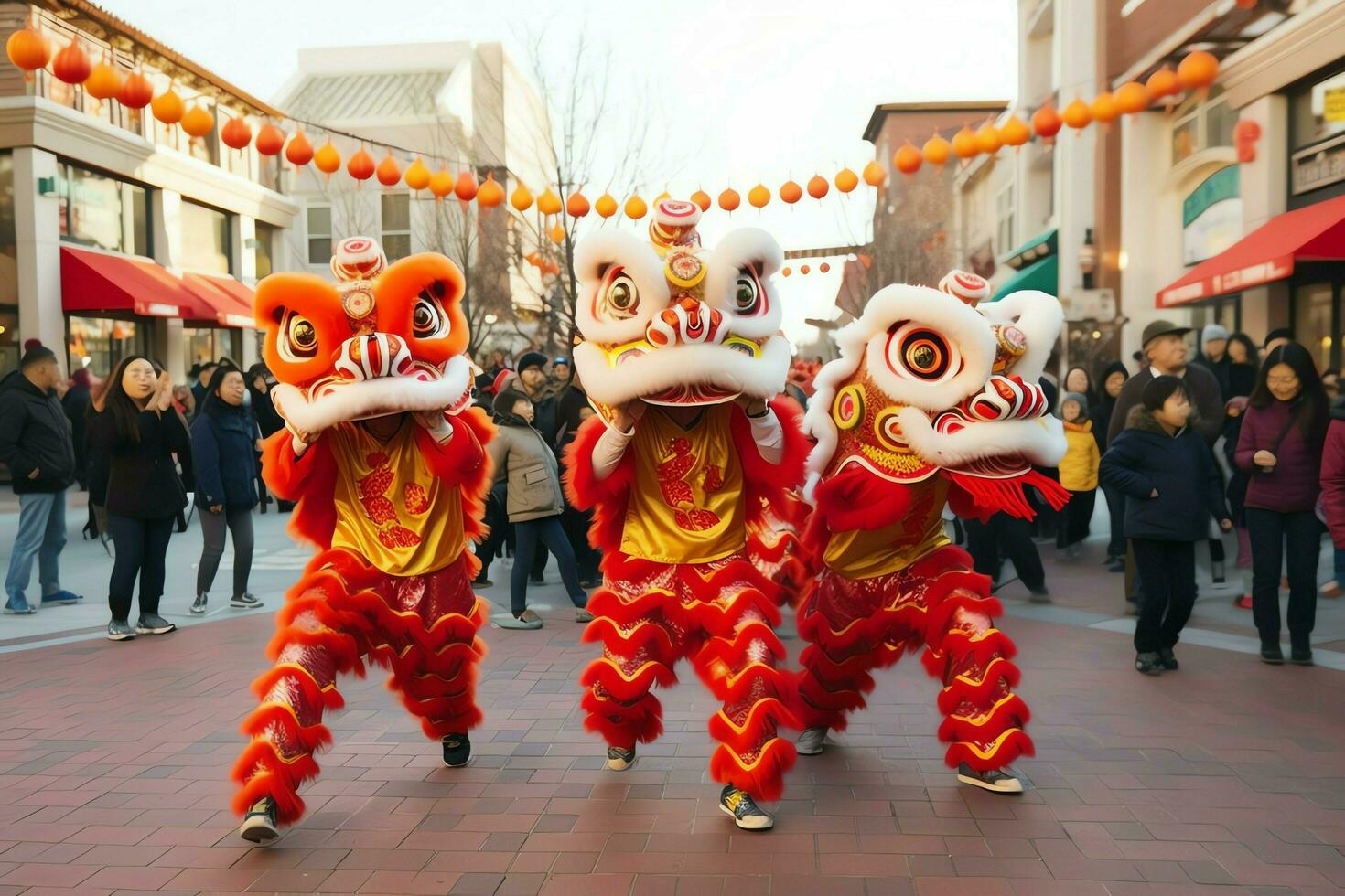 Dragon or lion dance show barongsai in celebration chinese lunar new year festival. Asian traditional concept by AI Generated photo