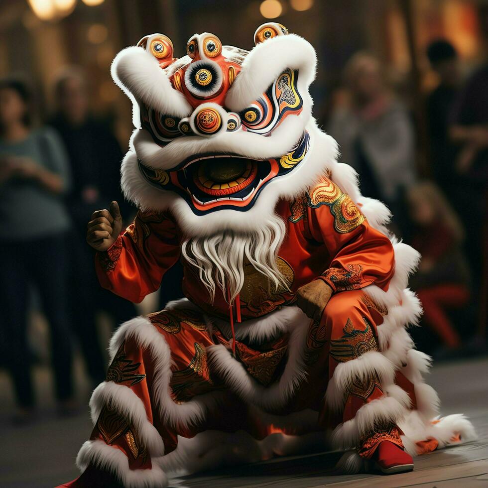 Dragon or lion dance show barongsai in celebration chinese lunar new year festival. Asian traditional concept by AI Generated photo