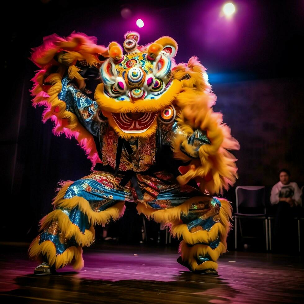 Dragon or lion dance show barongsai in celebration chinese lunar new year festival. Asian traditional concept by AI Generated photo