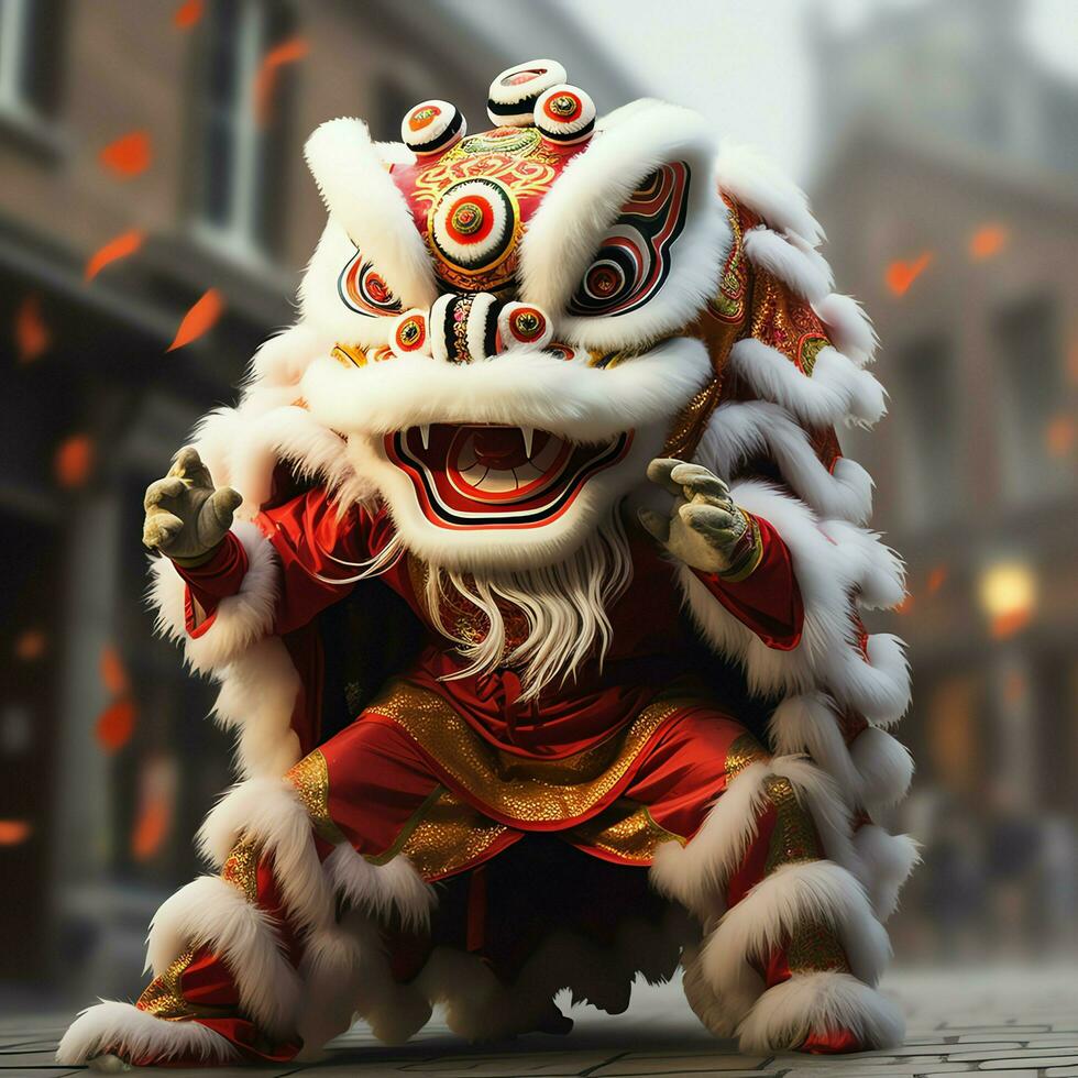 Dragon or lion dance show barongsai in celebration chinese lunar new year festival. Asian traditional concept by AI Generated photo