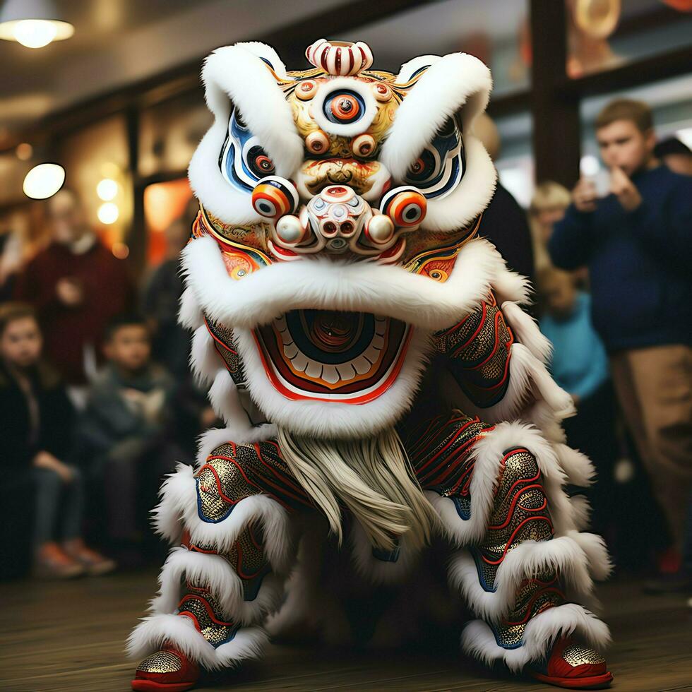 Dragon or lion dance show barongsai in celebration chinese lunar new year festival. Asian traditional concept by AI Generated photo