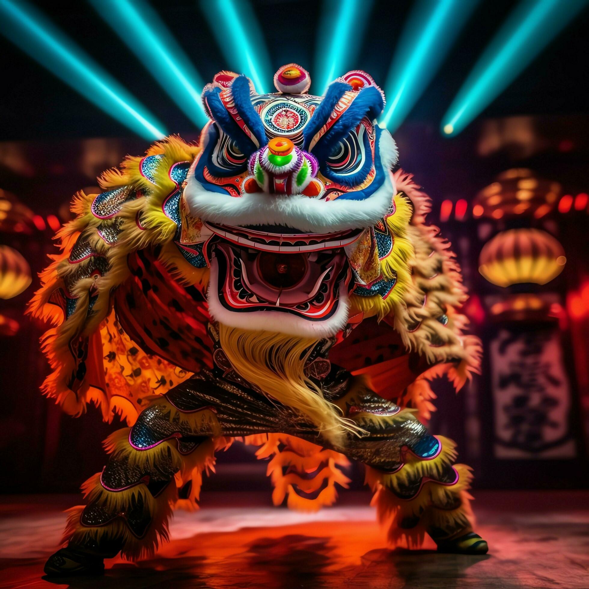 Spectacle De Danse Du Dragon Ou Du Lion Barongsai Lors De La Célébration Du  Festival Du Nouvel An Lunaire Chinois Ia Générative