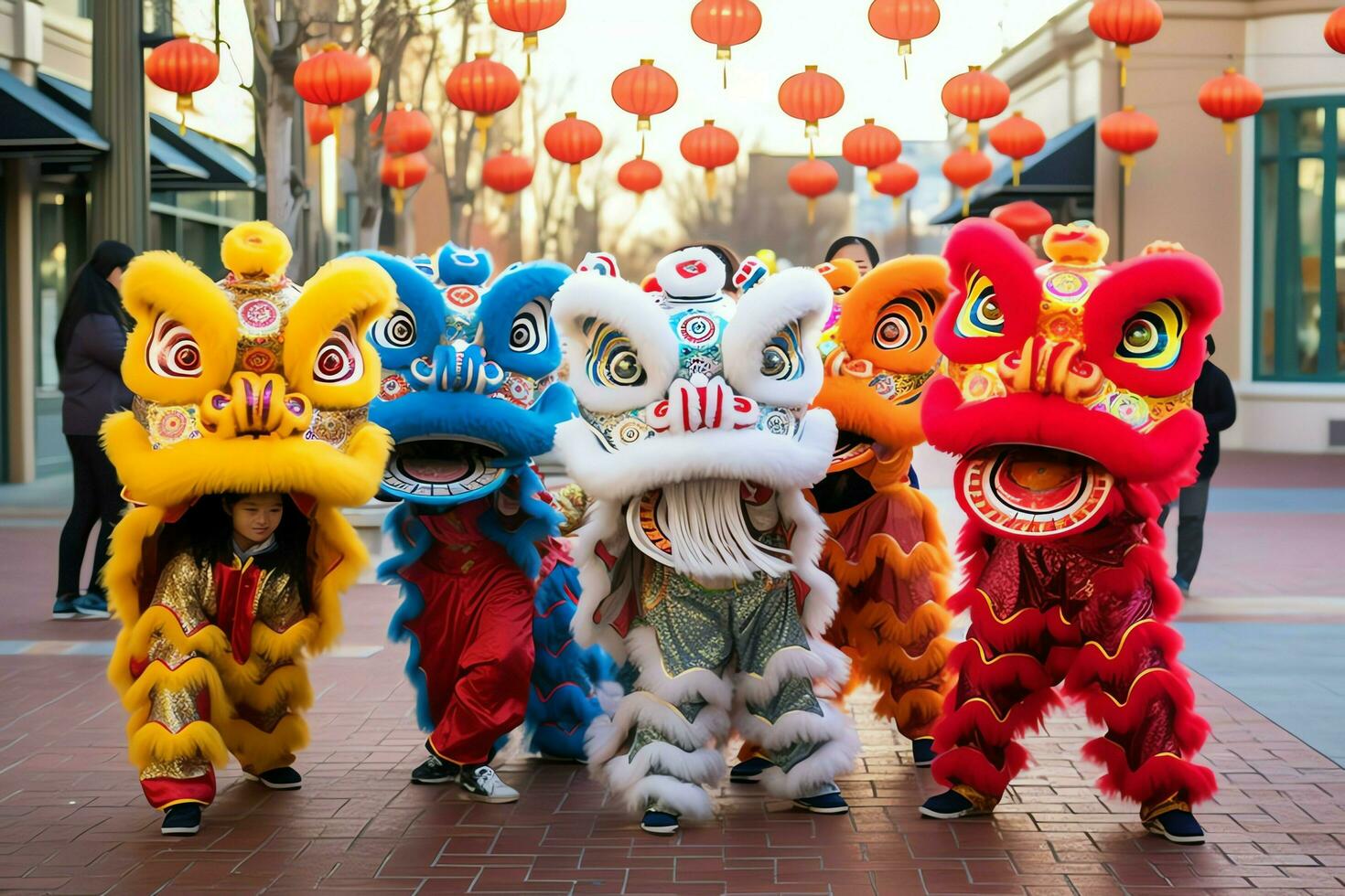 Dragon or lion dance show barongsai in celebration chinese lunar new year festival. Asian traditional concept by AI Generated photo