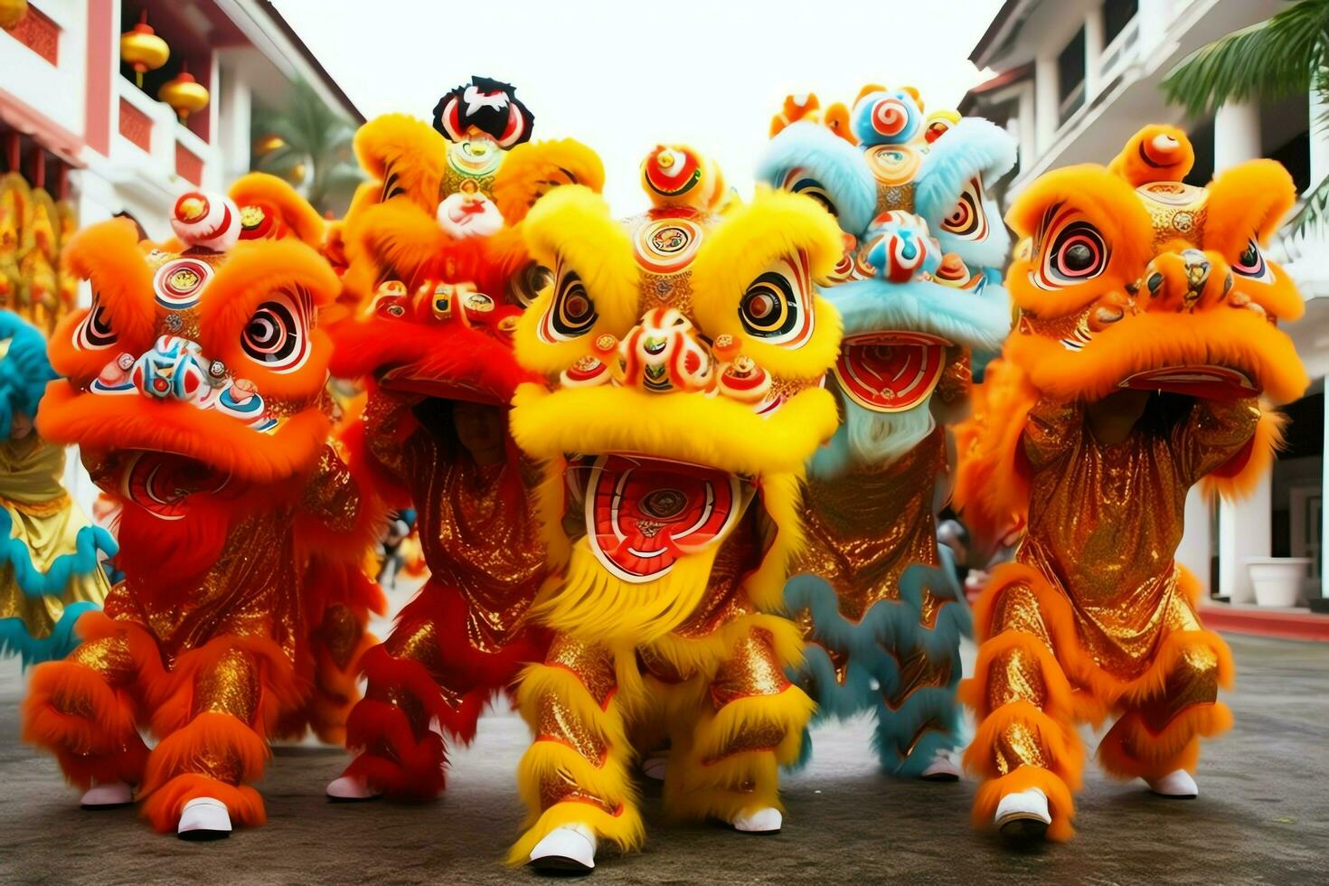 Dragon or lion dance show barongsai in celebration chinese lunar new year festival. Asian traditional concept by AI Generated photo