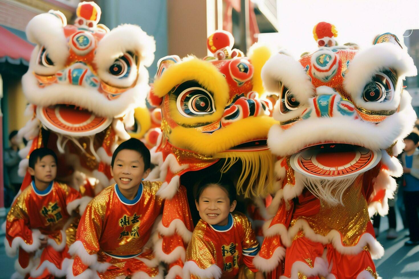 Dragon or lion dance show barongsai in celebration chinese lunar new year festival. Asian traditional concept by AI Generated photo