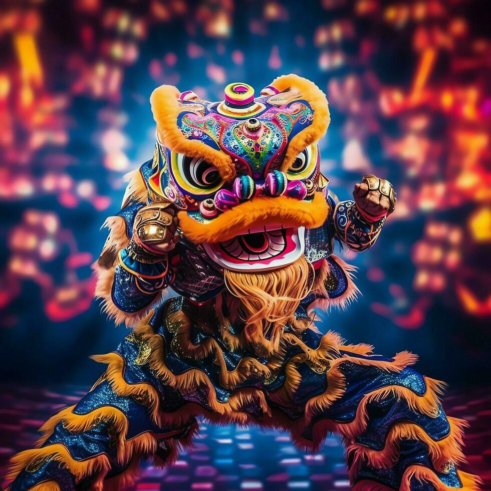 Dragon or lion dance show barongsai in celebration chinese lunar new year festival. Asian traditional concept by AI Generated photo
