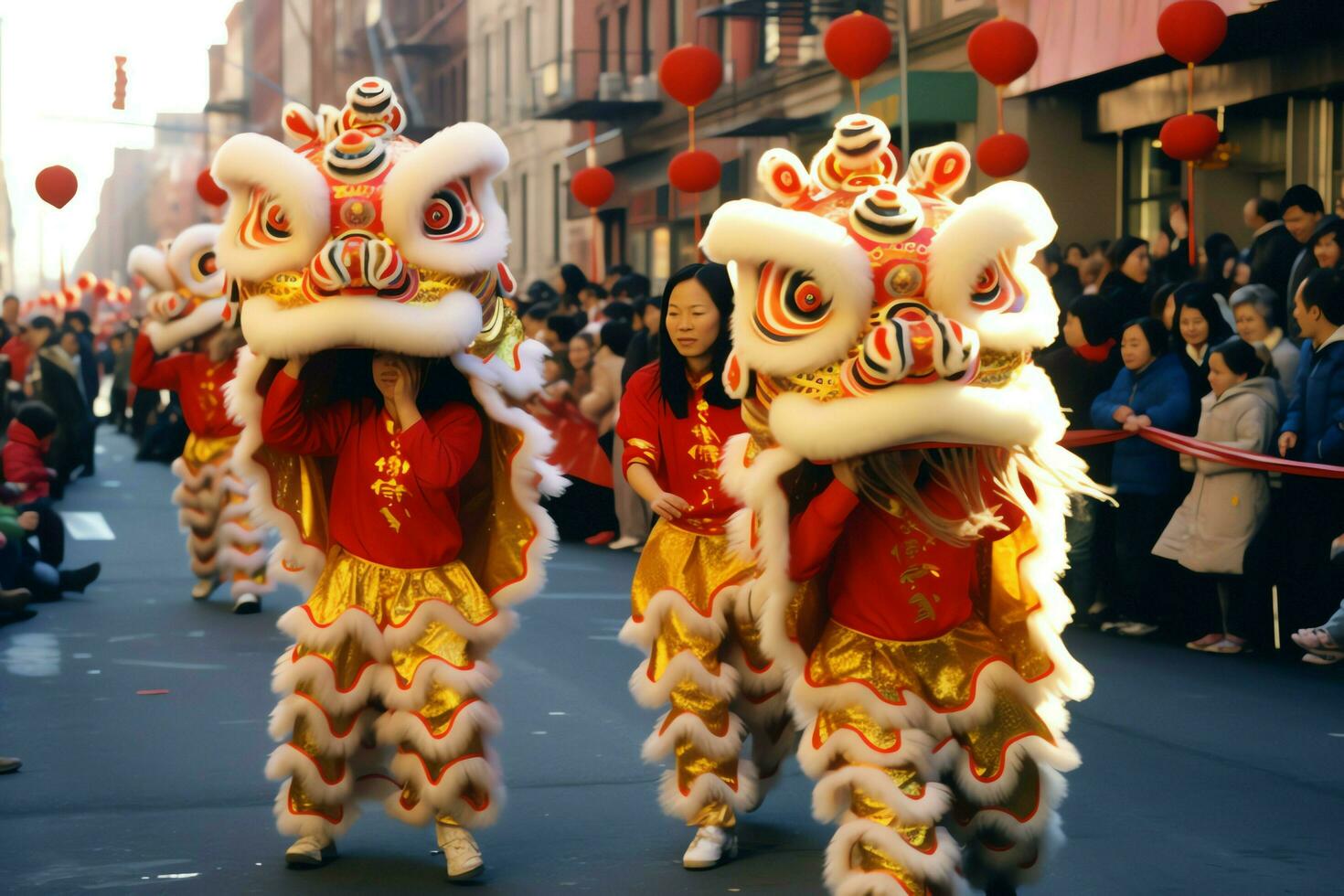 Dragon or lion dance show barongsai in celebration chinese lunar new year festival. Asian traditional concept by AI Generated photo