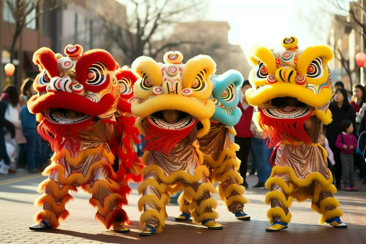 continuar o león danza espectáculo barongsai en celebracion chino lunar nuevo año festival. asiático tradicional concepto por ai generado foto