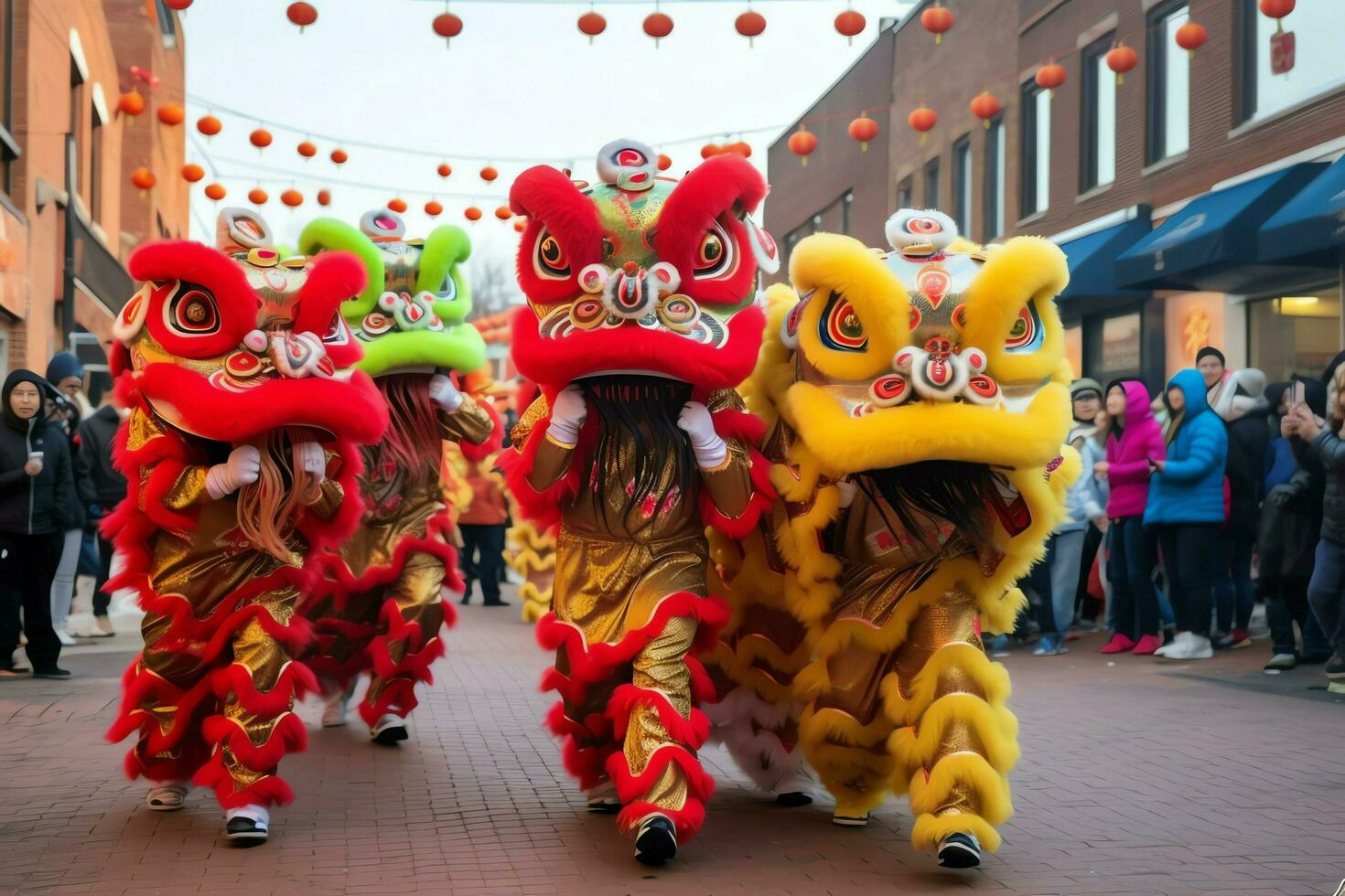 continuar o león danza espectáculo barongsai en celebracion chino lunar nuevo año festival. asiático tradicional concepto por ai generado foto