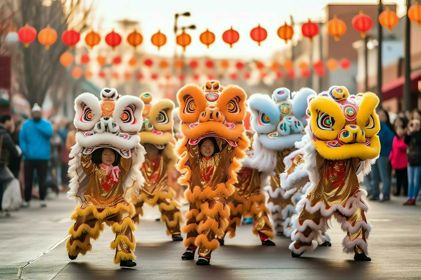Dragon or lion dance show barongsai in celebration chinese lunar new year festival. Asian traditional concept by AI Generated photo