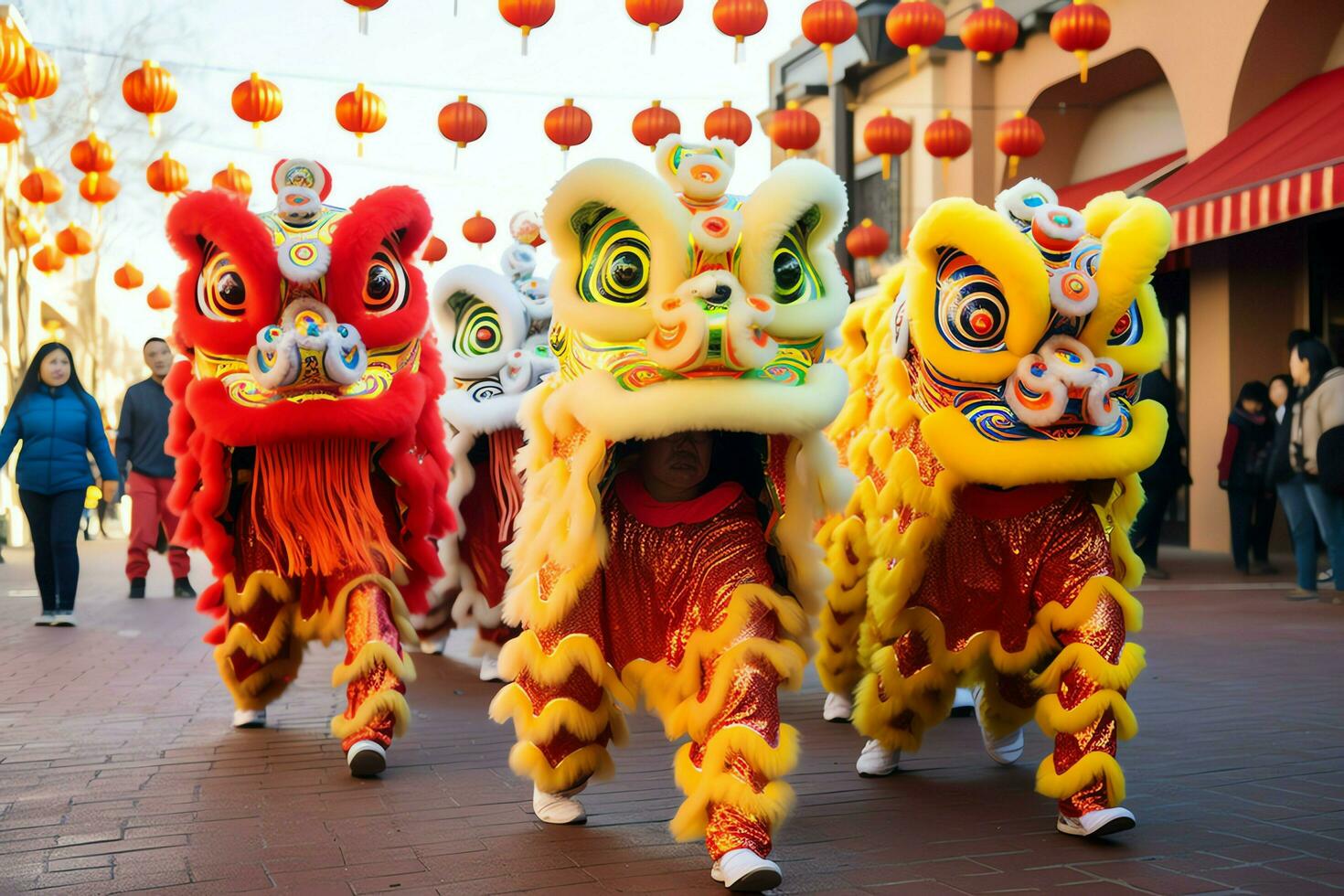 Dragon or lion dance show barongsai in celebration chinese lunar new year festival. Asian traditional concept by AI Generated photo