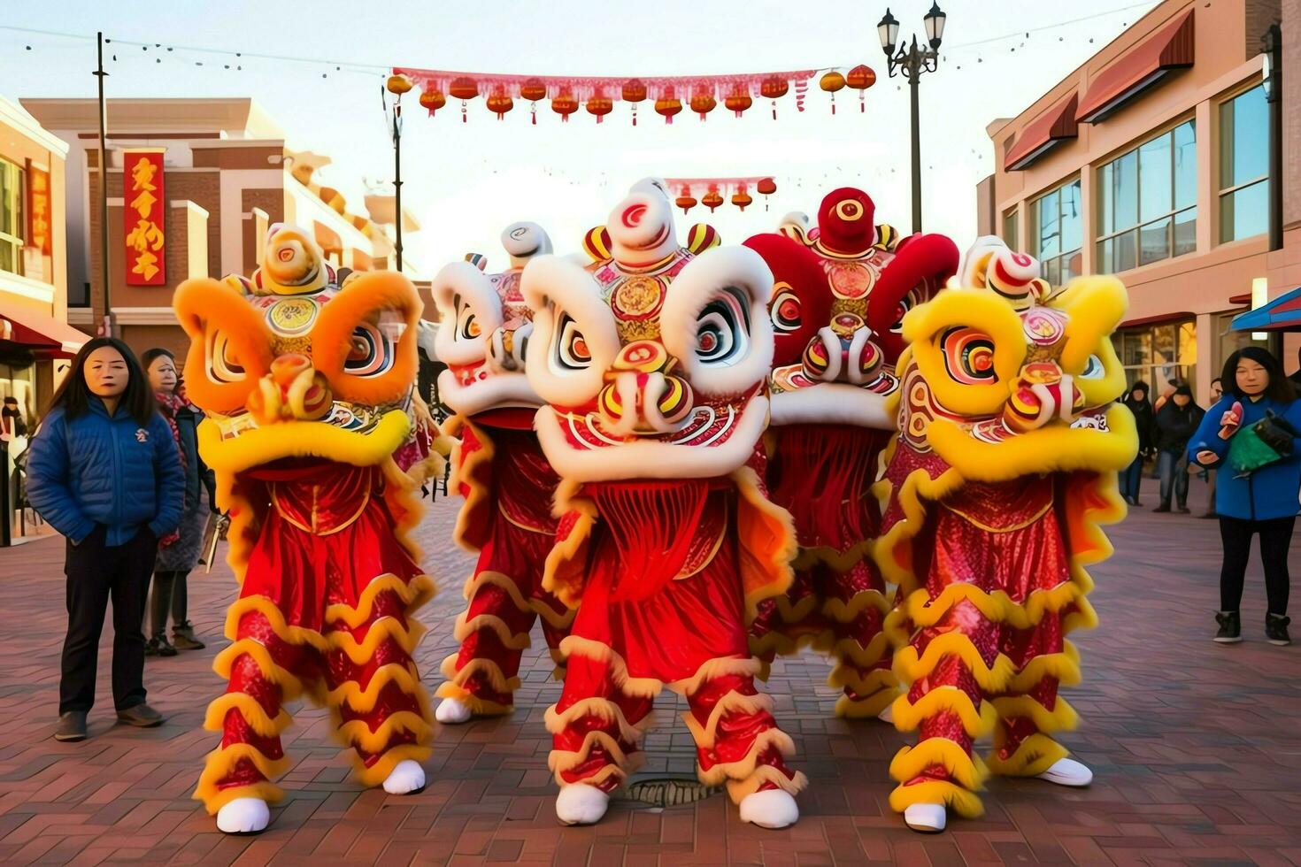 Dragon or lion dance show barongsai in celebration chinese lunar new year festival. Asian traditional concept by AI Generated photo