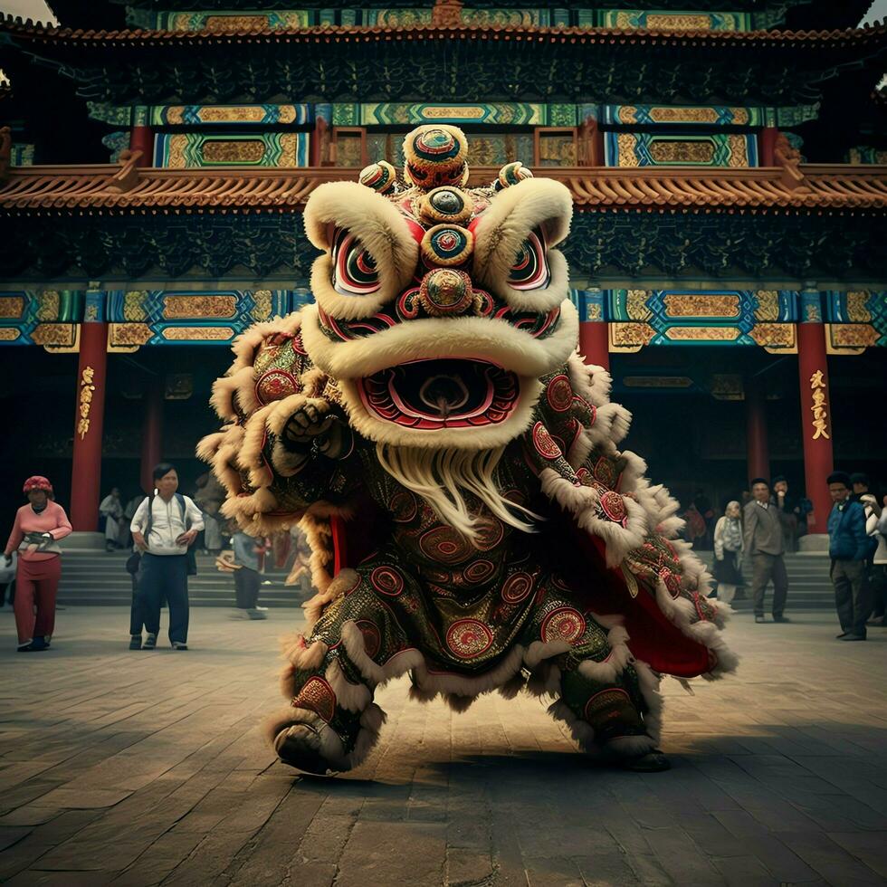 continuar o león danza espectáculo barongsai en celebracion chino lunar nuevo año festival. asiático tradicional concepto por ai generado foto