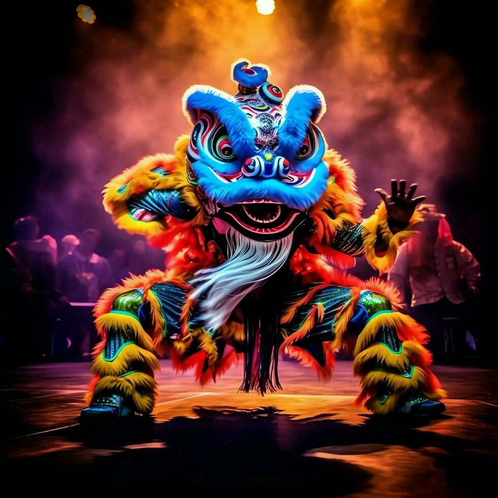 Dragon or lion dance show barongsai in celebration chinese lunar new year festival. Asian traditional concept by AI Generated photo