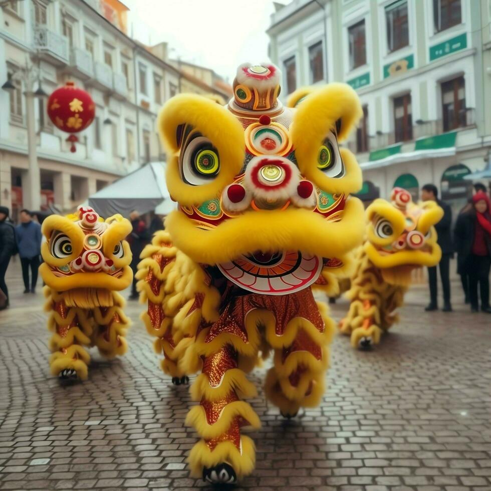 Dragon or lion dance show barongsai in celebration chinese lunar new year festival. Asian traditional concept by AI Generated photo