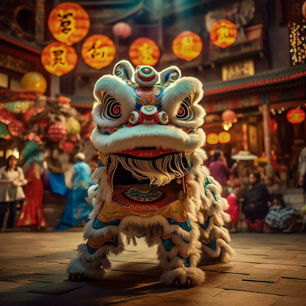 Dragon or lion dance show barongsai in celebration chinese lunar new year festival. Asian traditional concept by AI Generated photo