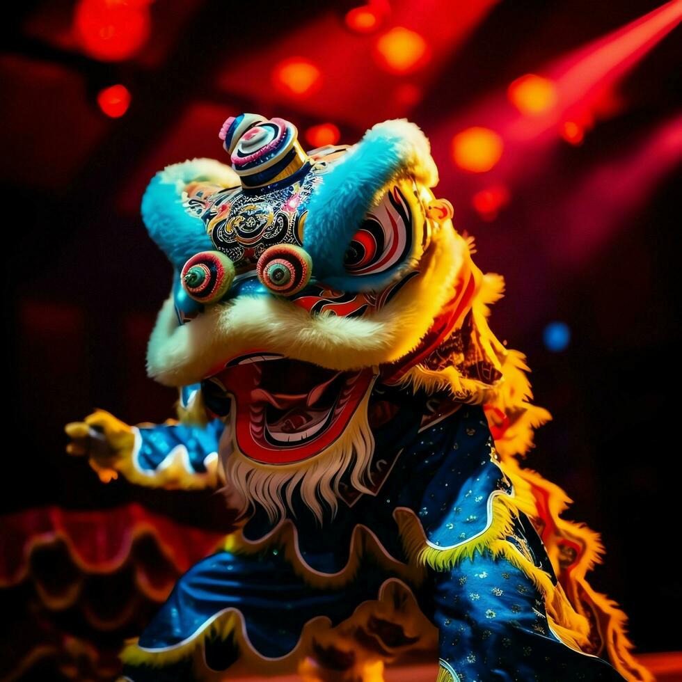 Dragon or lion dance show barongsai in celebration chinese lunar new year festival. Asian traditional concept by AI Generated photo