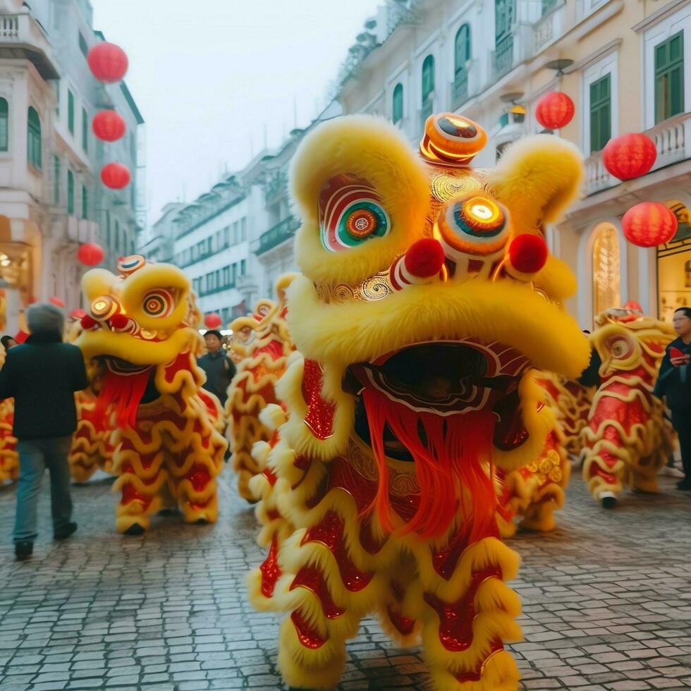 Dragon or lion dance show barongsai in celebration chinese lunar new year festival. Asian traditional concept by AI Generated photo