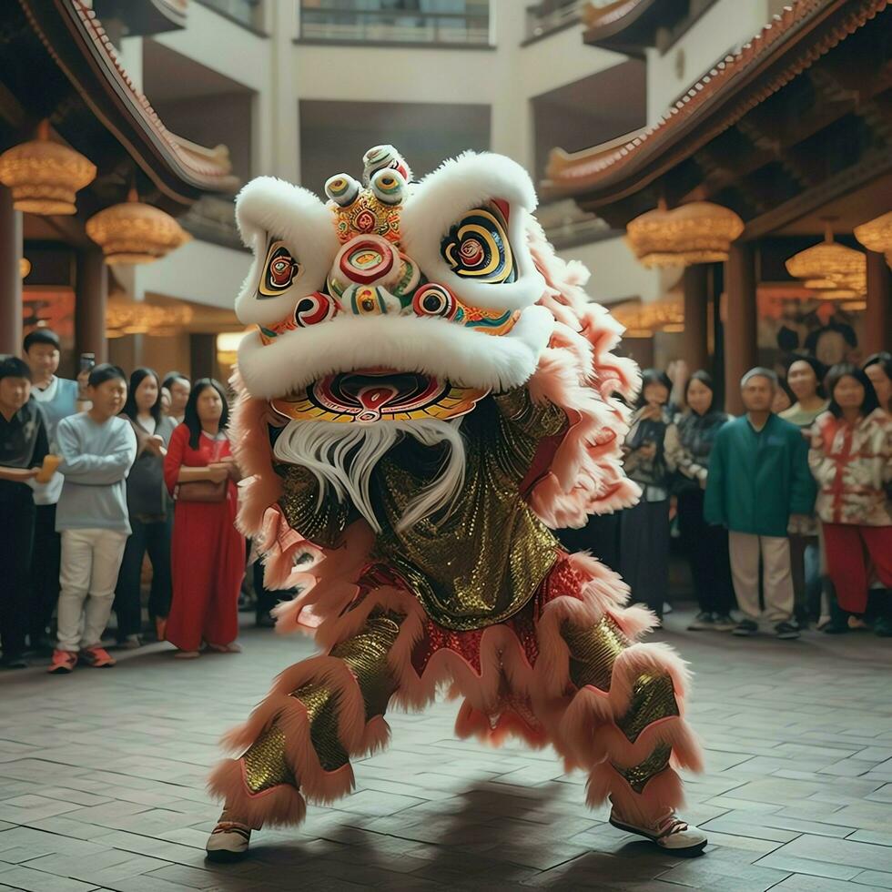 Dragon or lion dance show barongsai in celebration chinese lunar new year festival. Asian traditional concept by AI Generated photo