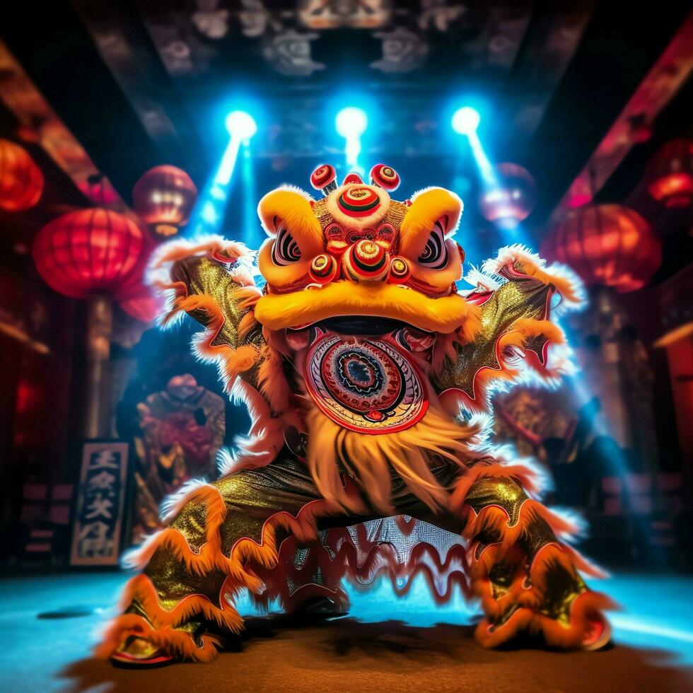 Dragon or lion dance show barongsai in celebration chinese lunar new year festival. Asian traditional concept by AI Generated photo
