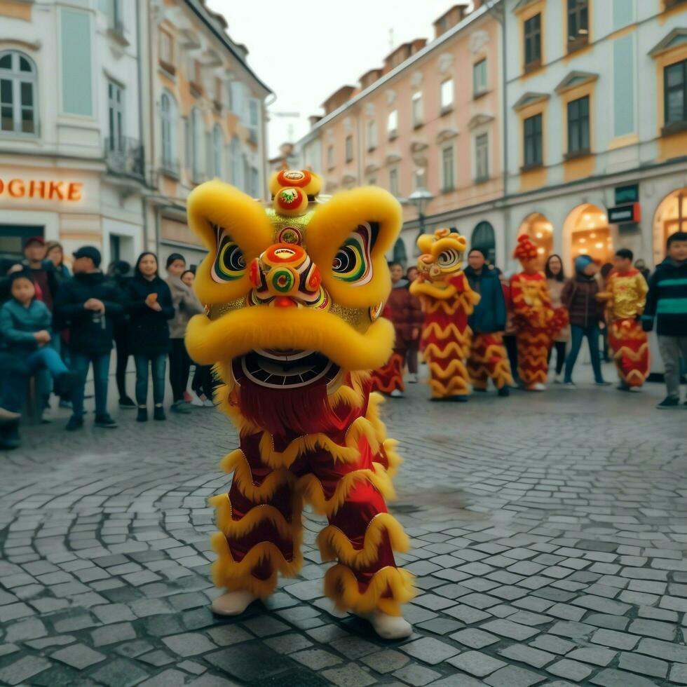 Dragon or lion dance show barongsai in celebration chinese lunar new year festival. Asian traditional concept by AI Generated photo