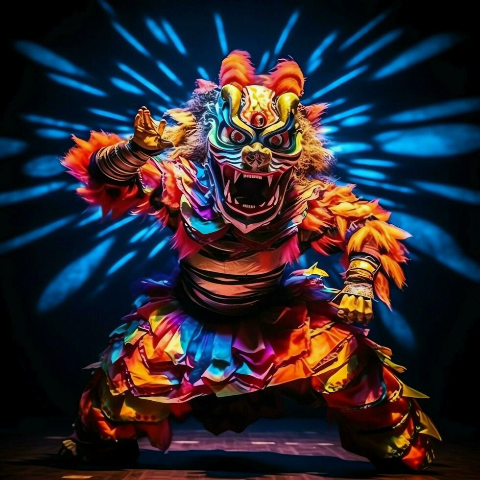 Dragon or lion dance show barongsai in celebration chinese lunar new year festival. Asian traditional concept by AI Generated photo