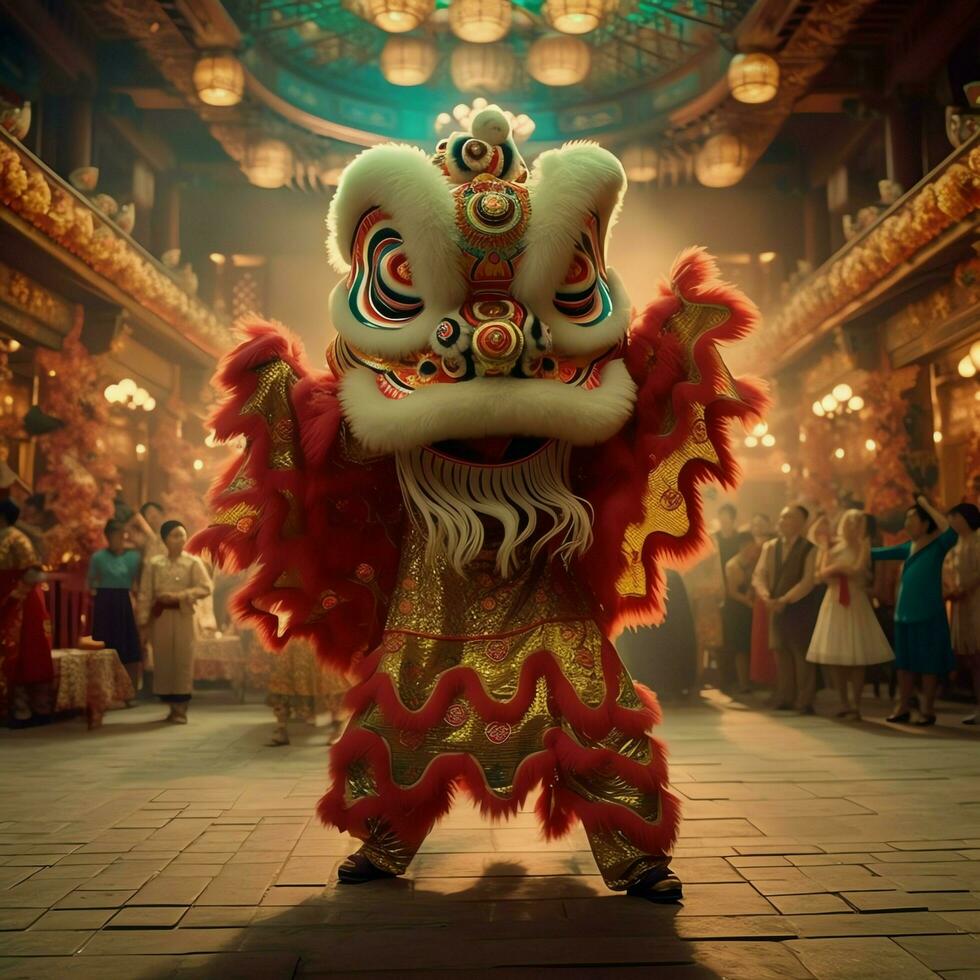 Dragon or lion dance show barongsai in celebration chinese lunar new year festival. Asian traditional concept by AI Generated photo