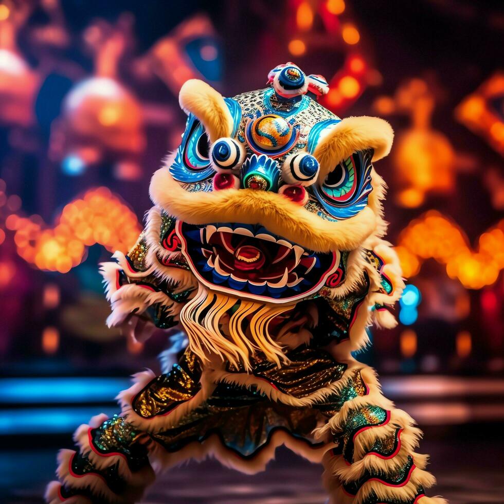 Dragon or lion dance show barongsai in celebration chinese lunar new year festival. Asian traditional concept by AI Generated photo