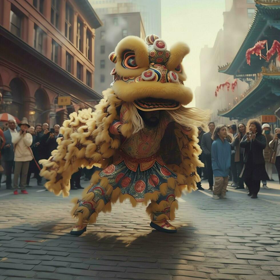 continuar o león danza espectáculo barongsai en celebracion chino lunar nuevo año festival. asiático tradicional concepto por ai generado foto