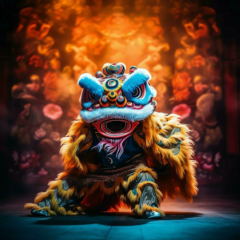 Dragon or lion dance show barongsai in celebration chinese lunar new year festival. Asian traditional concept by AI Generated photo