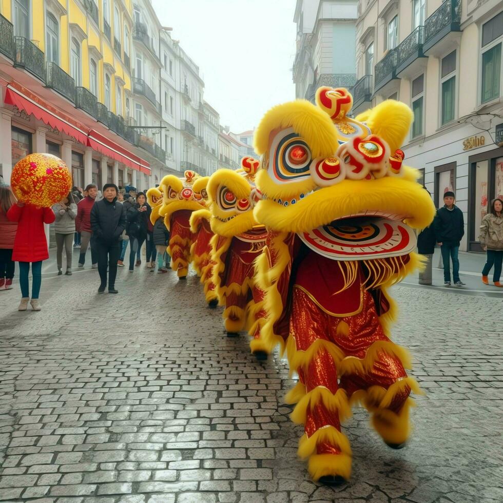 Dragon or lion dance show barongsai in celebration chinese lunar new year festival. Asian traditional concept by AI Generated photo