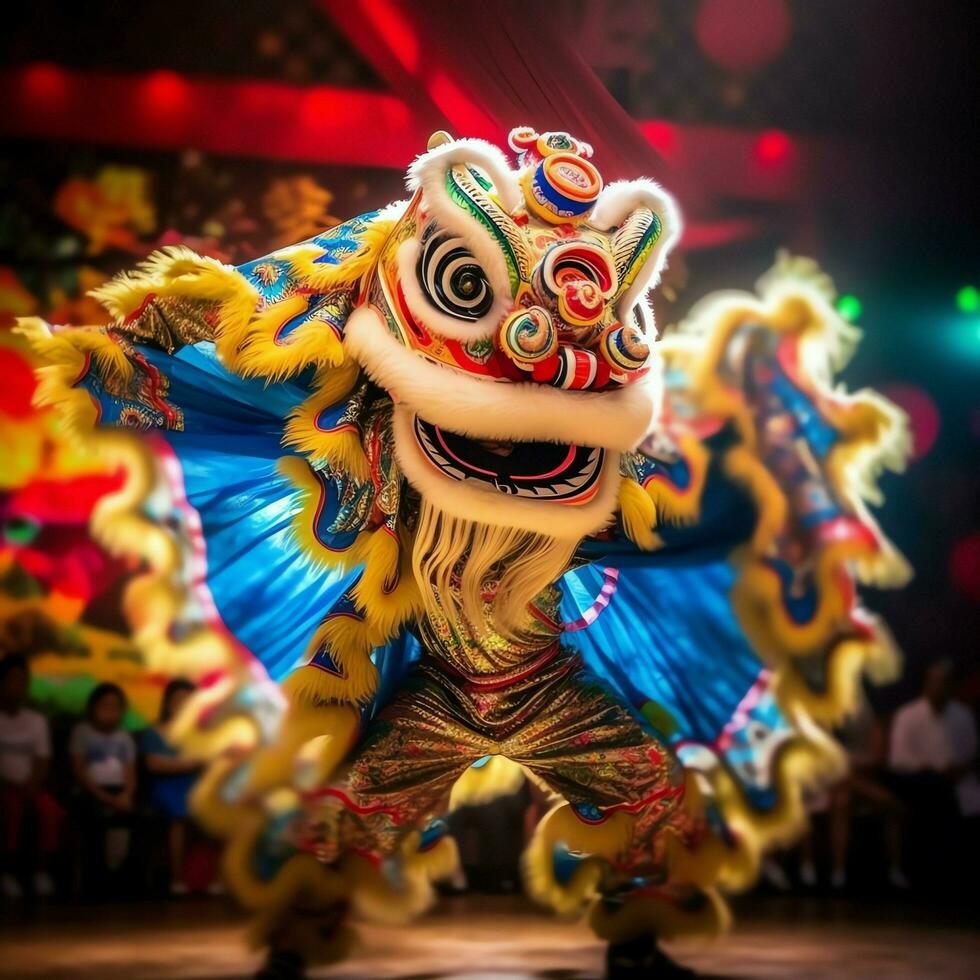 Dragon or lion dance show barongsai in celebration chinese lunar new year festival. Asian traditional concept by AI Generated photo