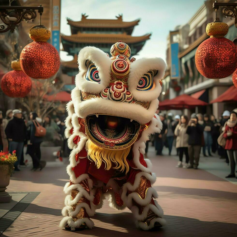 Dragon or lion dance show barongsai in celebration chinese lunar new year festival. Asian traditional concept by AI Generated photo