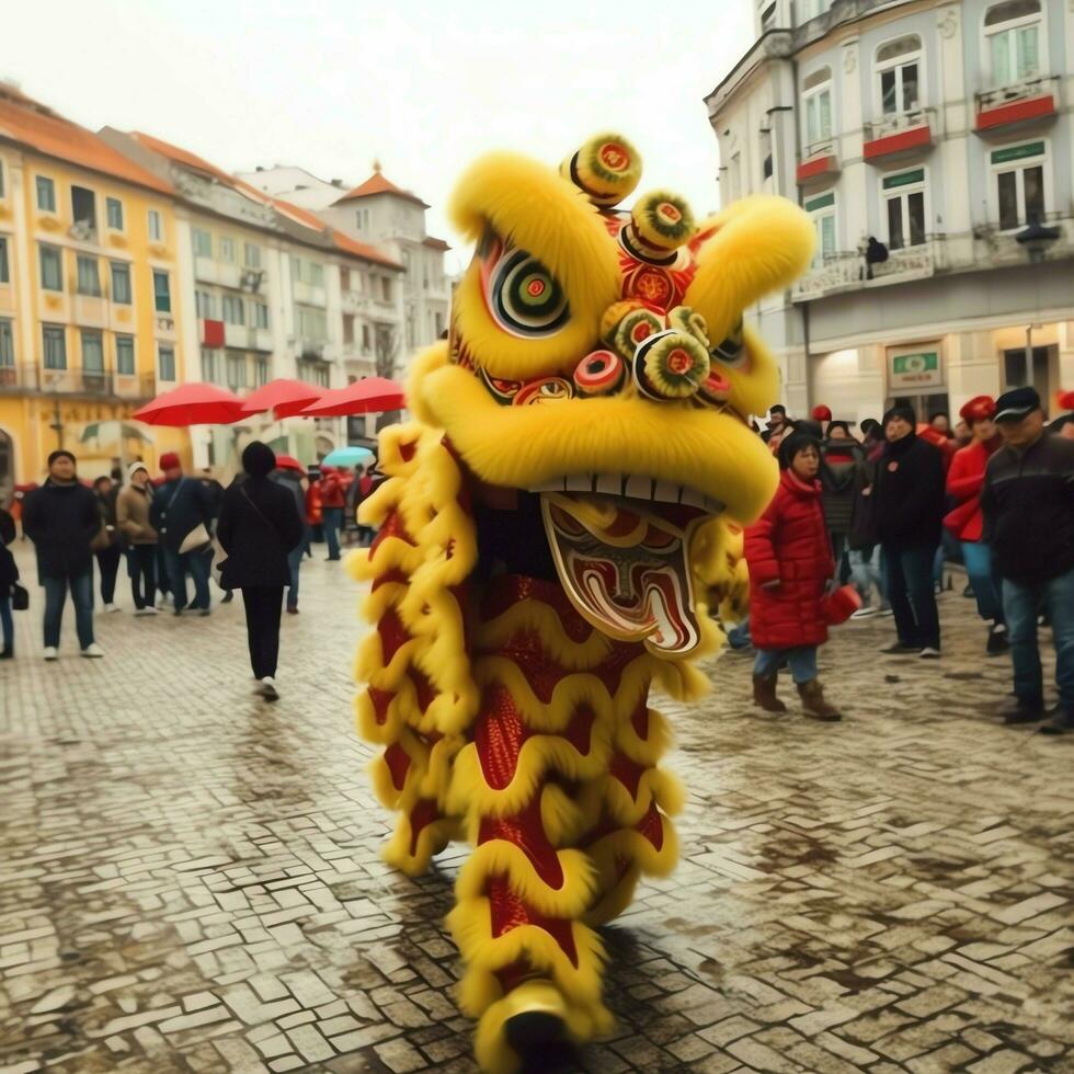 continuar o león danza espectáculo barongsai en celebracion chino lunar nuevo año festival. asiático tradicional concepto por ai generado foto