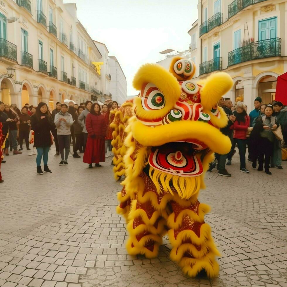 continuar o león danza espectáculo barongsai en celebracion chino lunar nuevo año festival. asiático tradicional concepto por ai generado foto