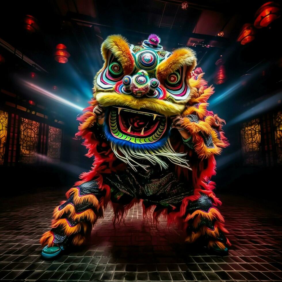 Dragon or lion dance show barongsai in celebration chinese lunar new year festival. Asian traditional concept by AI Generated photo