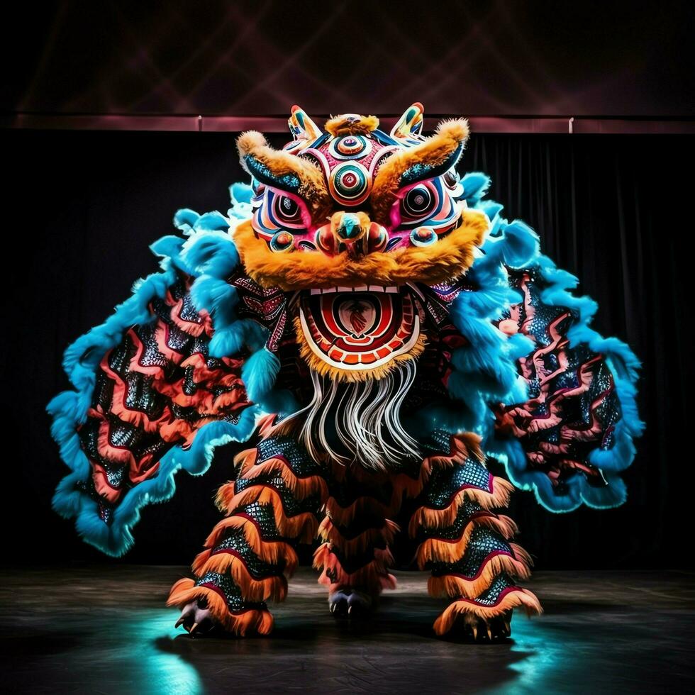 Dragon or lion dance show barongsai in celebration chinese lunar new year festival. Asian traditional concept by AI Generated photo