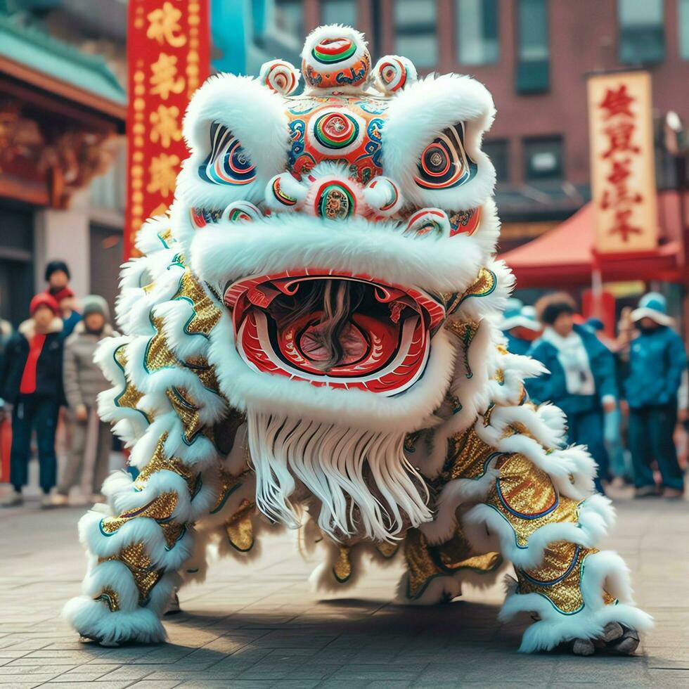 Dragon or lion dance show barongsai in celebration chinese lunar new year festival. Asian traditional concept by AI Generated photo