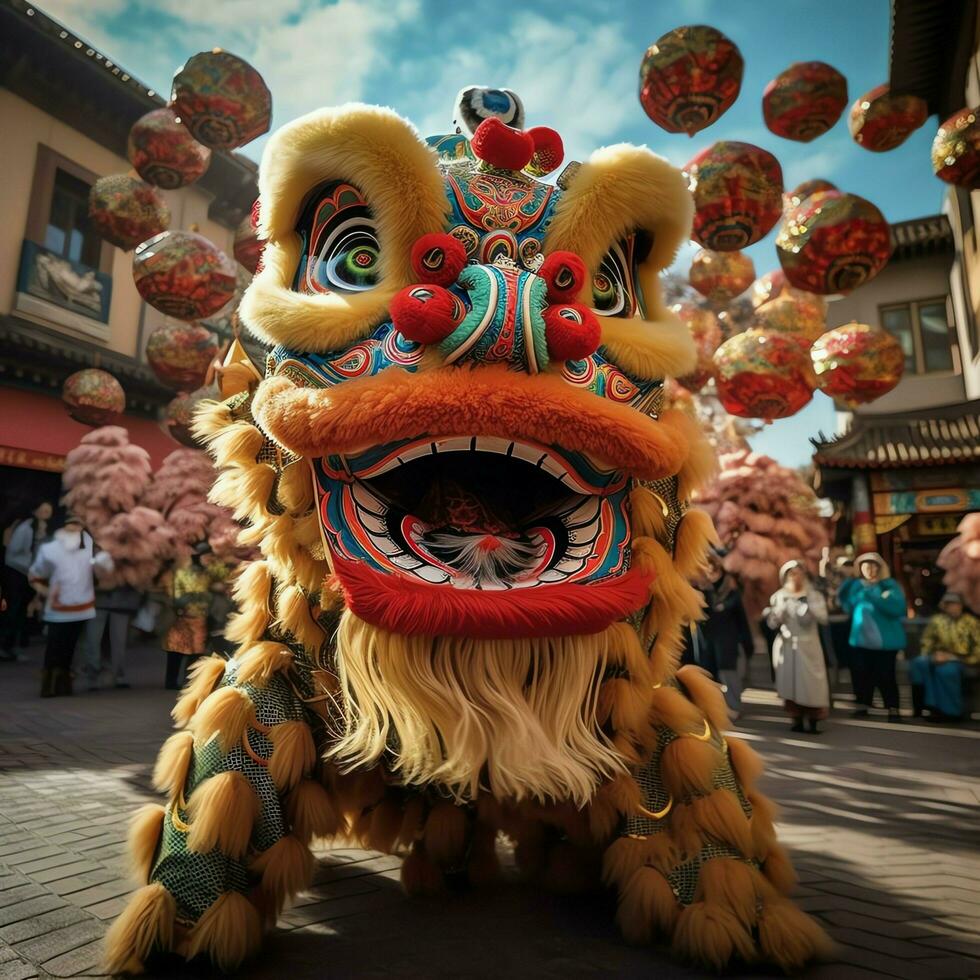 Dragon or lion dance show barongsai in celebration chinese lunar new year festival. Asian traditional concept by AI Generated photo