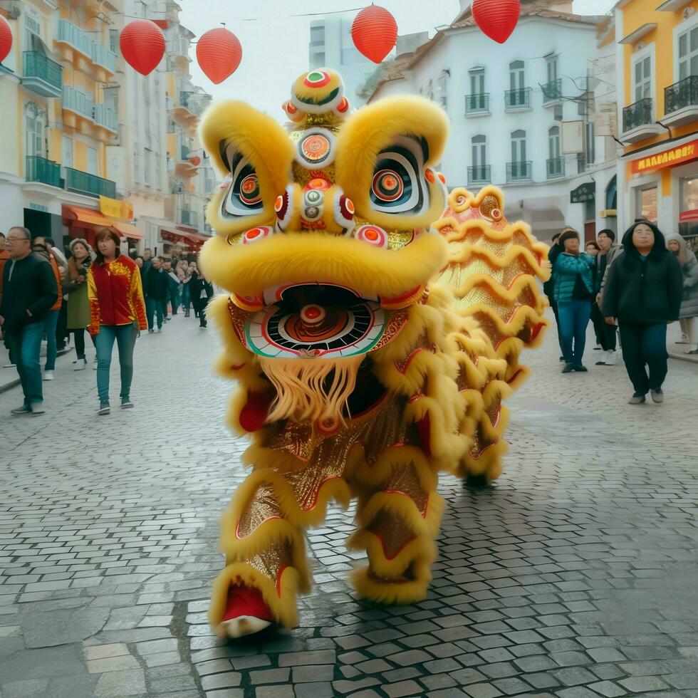 continuar o león danza espectáculo barongsai en celebracion chino lunar nuevo año festival. asiático tradicional concepto por ai generado foto